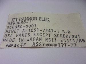 ITT CANNON ELECTRONICS DE68050-1 WIRE CONNECTOR ASSEMBLY