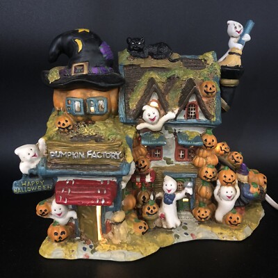 Vtg Halloween Village Haunted Pumpkin Factory Jack O Lanterns & Ghosts Lights Up