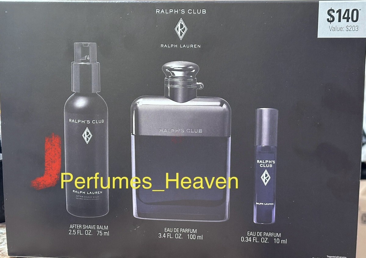 RALPH'S CLUB Ralph Lauren Men 3 PC Set Eau De PARFUM 3.4 oz + BALM