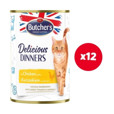 12x400 g BUTCHER'S Delicious Dinners Nassfutter Huhn in Gelee adulte Katzen
