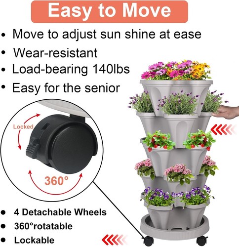 5 Tier Vertical Planter Stackable Planters Garden Tower Pot with Wheels & Tools - Picture 6 of 7