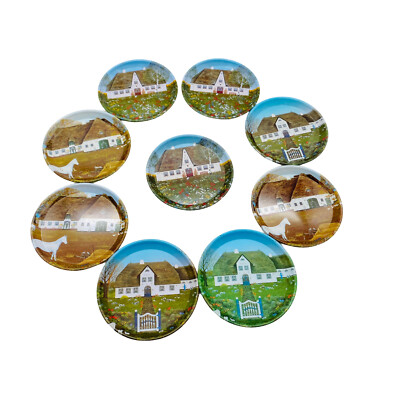 9er Set Untersetzer Gläser 70er 80er Metall Blech 9 cm Teller naive Malerei