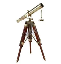 Telescope w/ Wooden Tripod Vintage Antique Nautical Decorative Gift Solid Brass