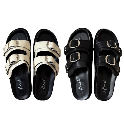 DAMEN SCHWARZ ECRU DOPPELRIEMEN FUSSBETT SANDALEN SLIDER SCHNALLE URLAUB PANTOLETTEN GRÖSSEN