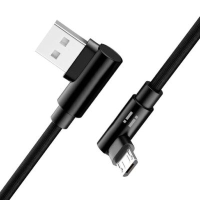 2m Nylon Gaming Micro USB Ladekabel Winkel 90 Handy Smartphone Tablet schwarz