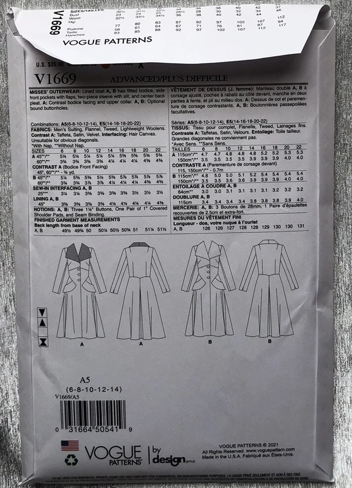 Vogue Patterns V1669 Misses' Coat Sizes 6-8-10-12-14 - Image 3 of 3