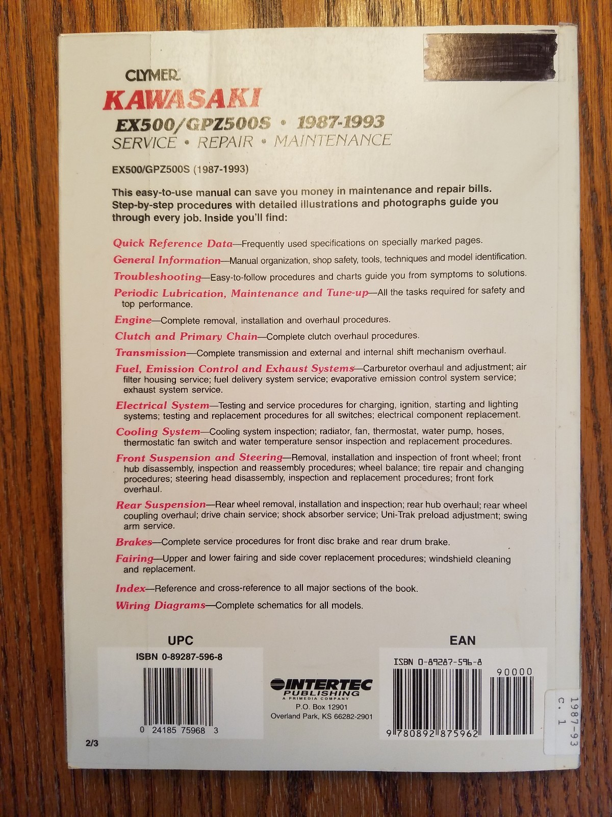 Buy Clymer Kawasaki 1987-1993 Ex500 Gpz500s Motorcycle Service Manual  online | eBay