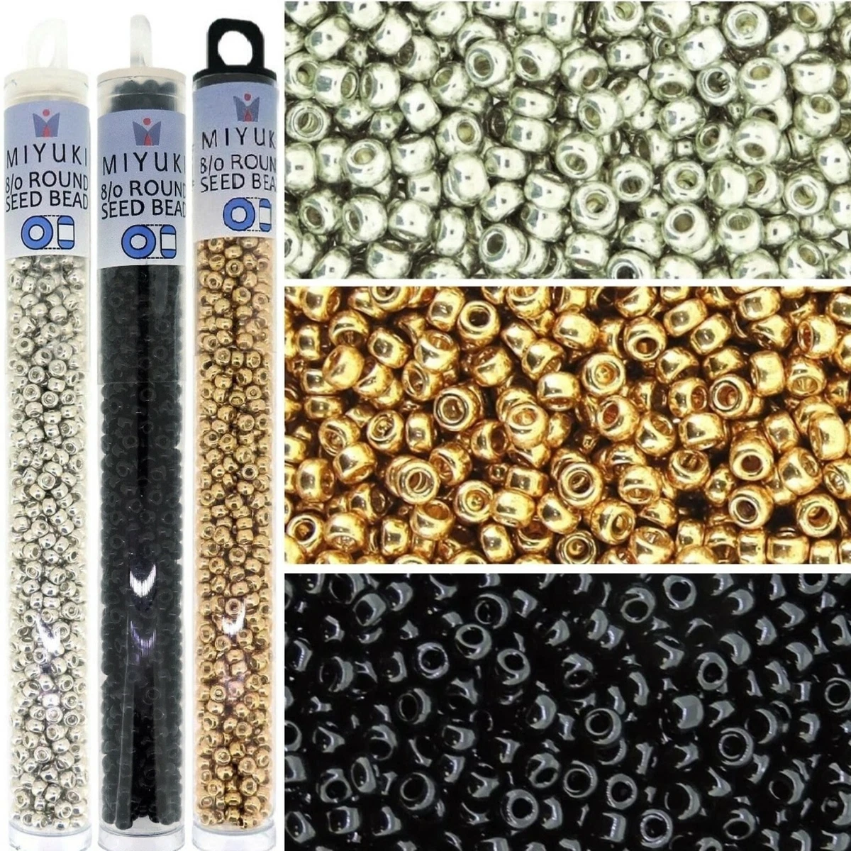 Miyuki Seed Beads Size 8/0, 66GM Combo: Galvanized Silver, Gold & Black 22GM ea