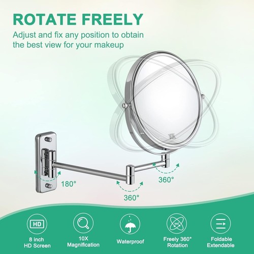 Wall-Mounted Double-Sided 8" Makeup Mirror With 10X Magnification & 360° Rotatio - Picture 3 of 7