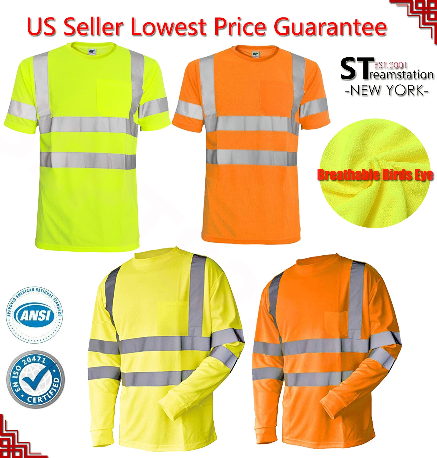Hi Vis T Shirt ANSI Class 3 Reflective Safety Lime Short Long Sleeve Road Work image 1