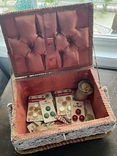 Vintage Woven Wicker Sewing Basket With Notions White Needlepoint Buttons Thread