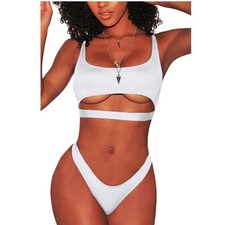 Woman's White 2pc Swimsuit High Cut Thong Bikini  Scoop Neck Cut-Out Top Size L