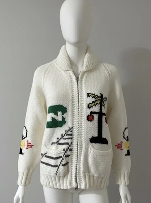 Hand crafted train theme Knit Wool Sweater Curling Stone Zip Cardigan, Size L - Image 1 of 4