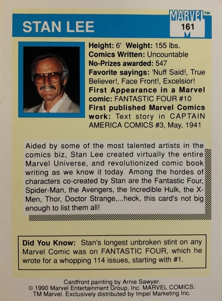 1990 STAN LEE MR. MARVEL COMICS IMPEL MARVEL UNIVERSE SERIES 1 #161 MINT - Image 2 of 2