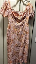 SPRING + MERCER Pink Floral Midi Dress Puff Sleeve Tie Front Ruffle Size M Women