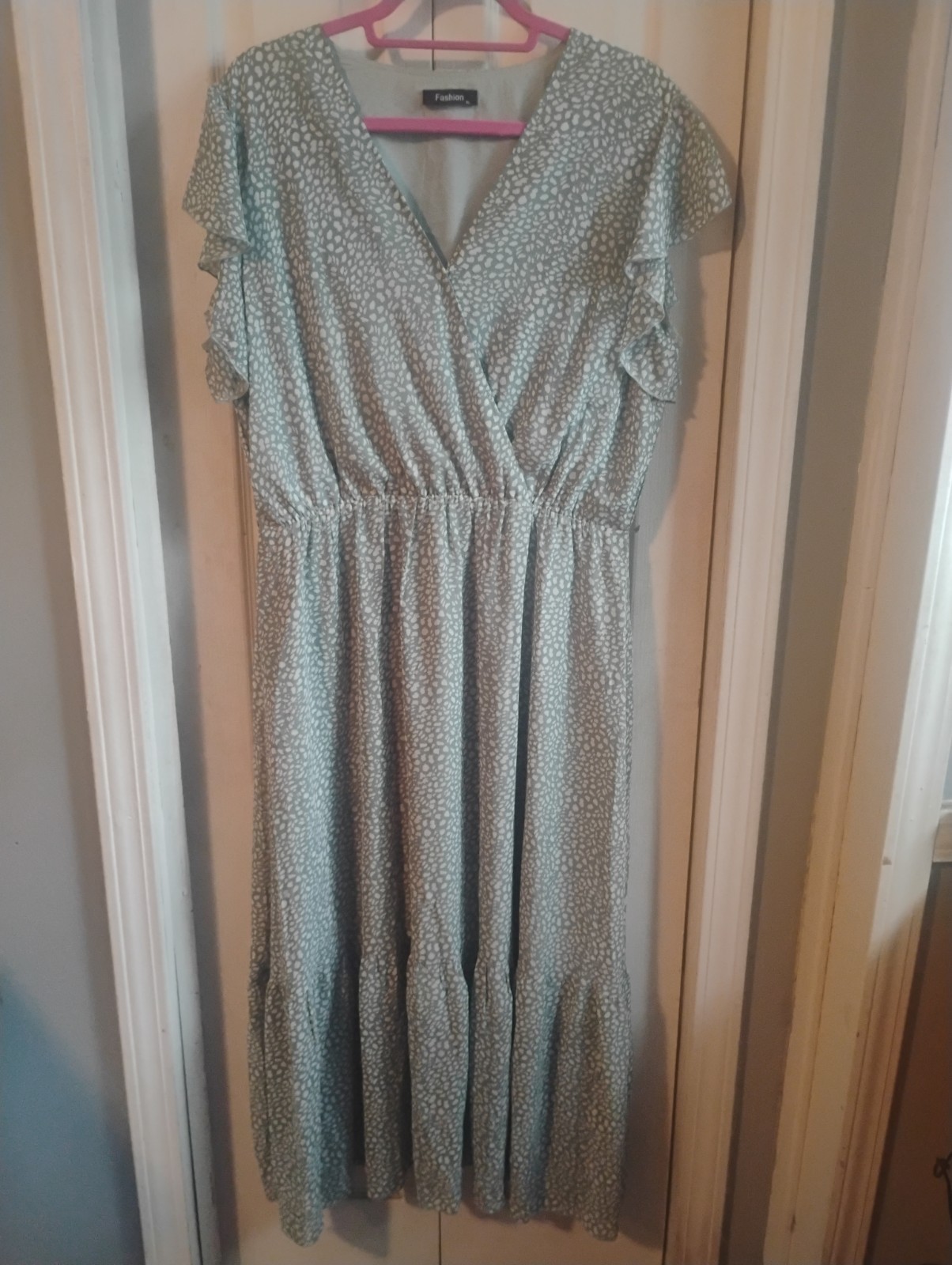 Fashion XL Sage Green & White Polka Dot Faux-Wrap Midi Dress