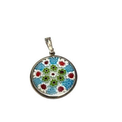 Murano Glass Millefiori Pendant Silver Tone Round Colorful Art Necklace Charm