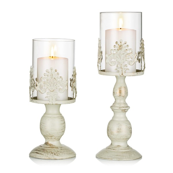 KerzenstäNder Stumpenkerzen Weiß Vintage 2Er-Set Mit Glaszylinder Hochzeit Deko-image
