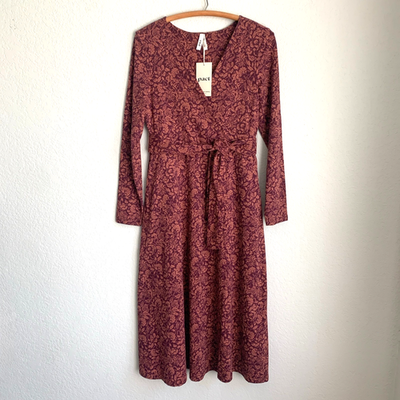 Pact Fit Flare Wrap Midi Dress Size M Maroon Floral Organic Cotton New |  eBay