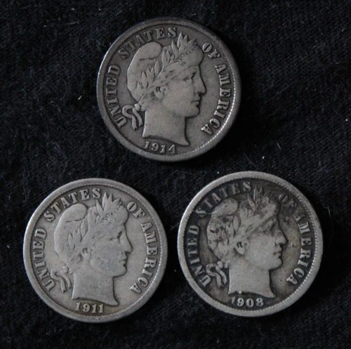 Set of 3: 1908, 1911, 1914-D Barber Dimes 10-cent value (10c) - Collector Grade!