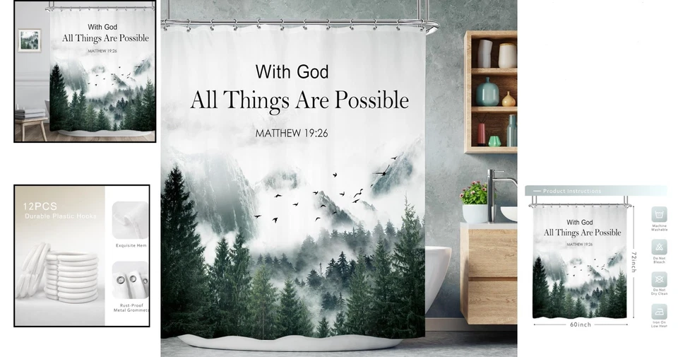 Cortina de ducha ecológica 60x72 - paisaje brumoso y palabras inspiradoras Foto 2 de 4