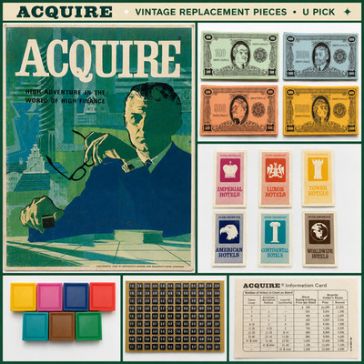 1963 Acquire Replacement Pieces U PICK Tiles Cards Hotel Money Vintage Game