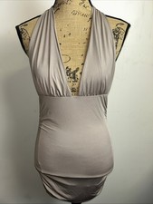 Glassons Womens Sz M Mini Dress Bodycon Mushroom Tie Up Halter Ruched Sides VGC