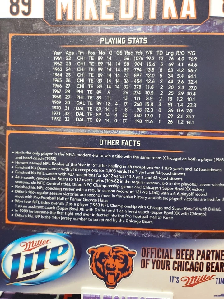 Chicago Bears HOF МАЙК ДИТКА NO89 ФУТБОЛКА FATHEAD СНЯТАЯ С ПРОИЗВОДСТВА ПОДАРОК НА ДЕНЬ ИГРЫ 2/9/13 - Изображение 3 из 3