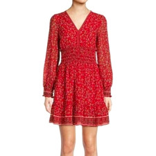 ✨$150 Designer Max Studio V-neck Red Smocked Dress Floral Print Long Sleeve NEW!