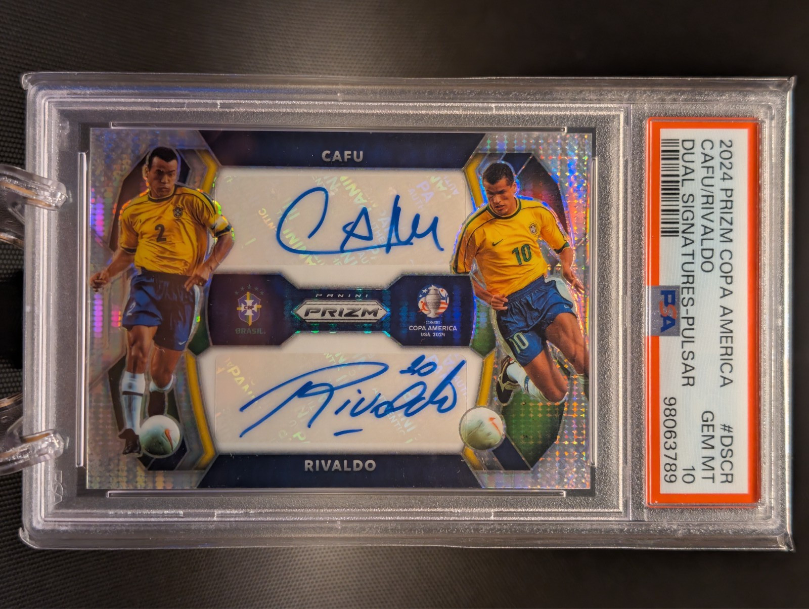 2024 Panini Prizm Copa America #DS-CR Cafu Rivaldo Dual Pulsar Auto PSA 10