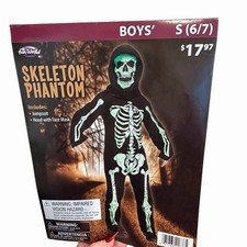 Halloween Skeleton Costume for Kids Bone Outfit Size Small 6/7 Black Phantom NWT