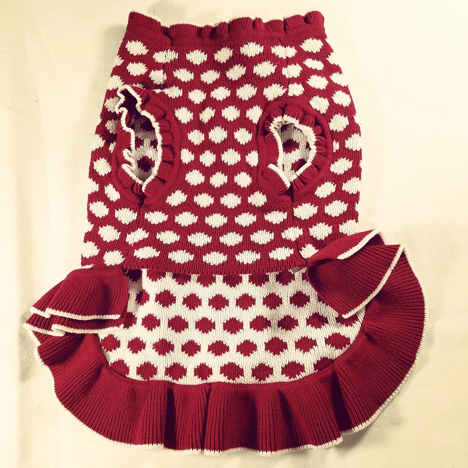 Suéter FrouFrou Rojo Arándano Tejido con Volantes Perro con Flores de Ganchillo, Med Foto 2 de 4