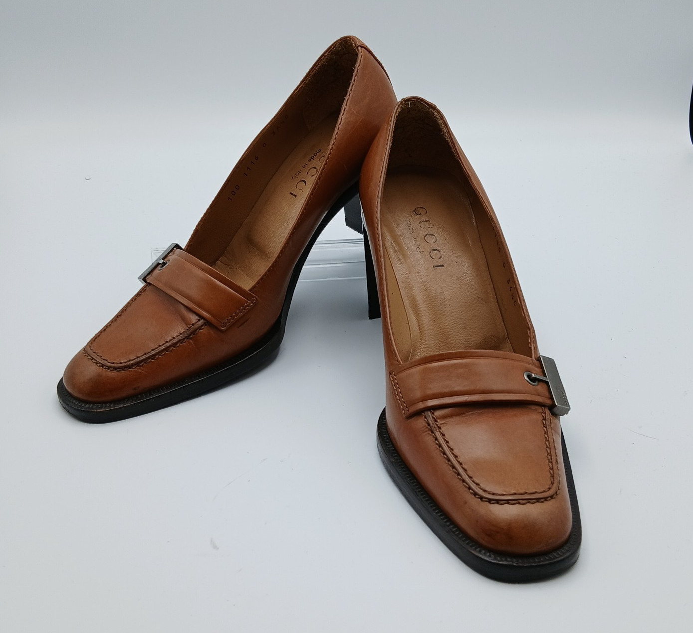 Gucci Brown Leather Heels Shoes Pumps Size 34.5 US 4.5 Made in Italy
