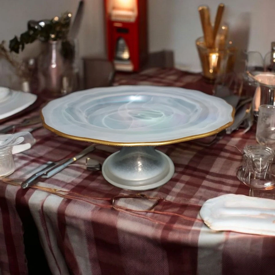 ¿Soporte para pasteles iridiscente de vidrio de alabastro vintage turco?  Vidrio arremolinado Foto 2 de 4