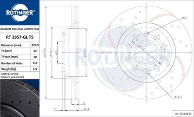 2x Bremsscheibe GRAPHITE DRILLED & SLOTTED PLUS ROTINGER RT 2957-GL T5 15,3 TSI