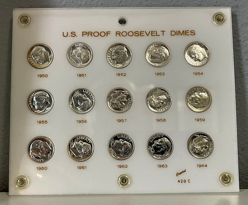 1950-1964 Silver Proof Roosevelt Dime Set in Capital Holder-Some Cameos/Toned!