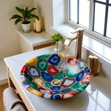 20" Luxury Multi Agate Stone Sink Handcrafted Natural Gemstone Basin Hotel Decor