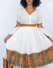 Ethiopian Dress  Menen Fabric Elegant Green Tibeb Short Dress  Eritrean Habe