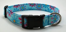 Daisy Pink & Blue on Light Blue Dog Collar Adjustable Handmade Custom Designer