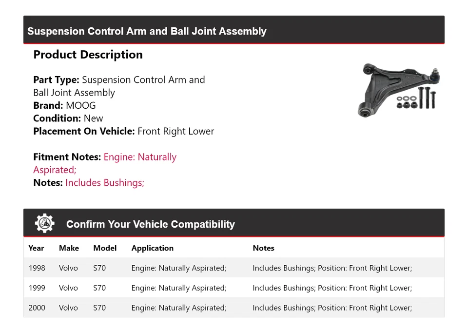 Brazo de control delantero derecho inferior MOOG para Volvo S70 1998-2000 con aspiración natural Foto 2 de 4