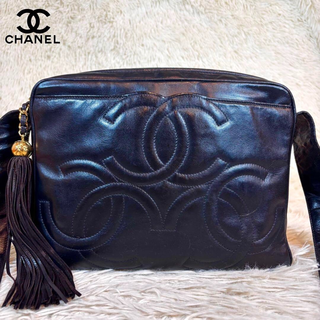 CHANEL Black Triple Coco Mark Fringe Shoulder Bag Authentic-image