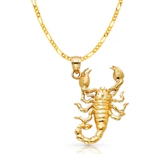 14K Yellow Gold Scorpion Charm Pendant with 3.8mm Figaro 3+1 Chain Necklace
