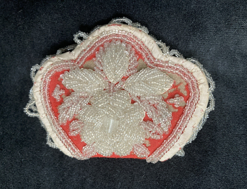 Antique heavily clear beaded clam shell scallop pin cushion, needle ...