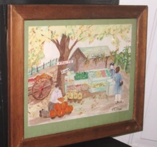 Vintage Primitive Folk Art oRIGINAL WATERCOLOR Painting FRUITSTAND Artist Signed