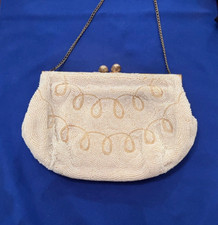 Vintage White with Gold Handmade Seed Pearl Evening Bag-- Satin Lined- 1950's