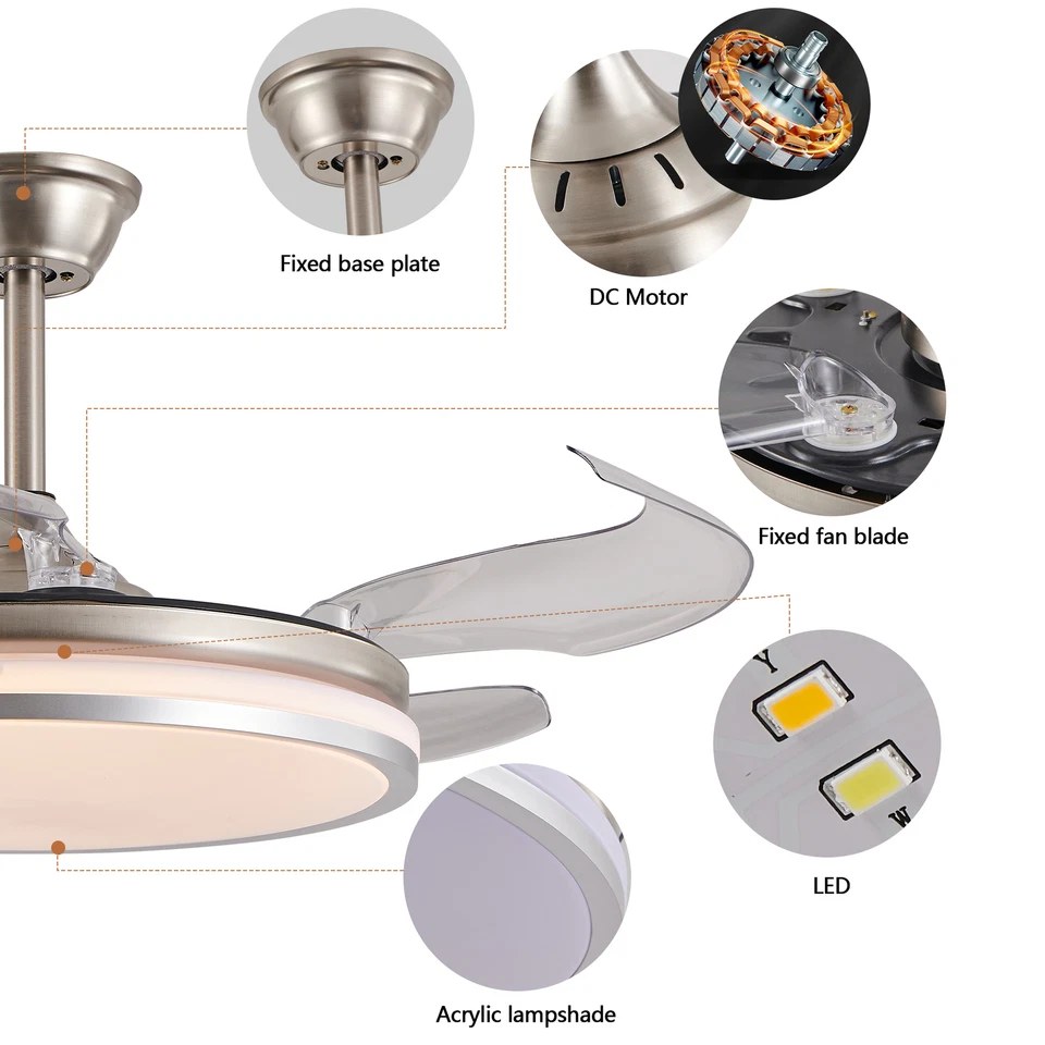 Kit de control remoto de montaje empotrado de níquel retráctil con luz LED de techo de 42 pulgadas Foto 4 de 4