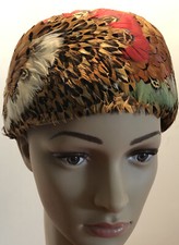 Vtg Ladies Felt Pillbox Feather Hat Exquisite Brown Red Green White Blk Cosplay