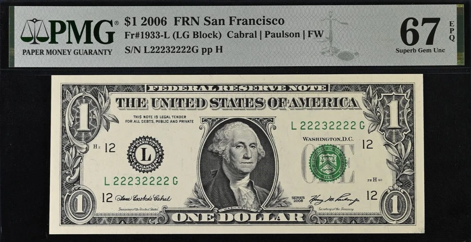 2006 $1 Federal Reserve Note PMG 67EPQ Gem - Near Solid Serial Number - 22232222 - Image 2 of 3