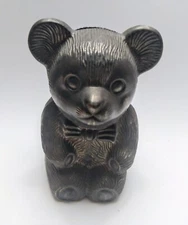 Brass Metal Teddy Bear Coin Bank & Mechanical Stopper Vintage Made in Hong Kong