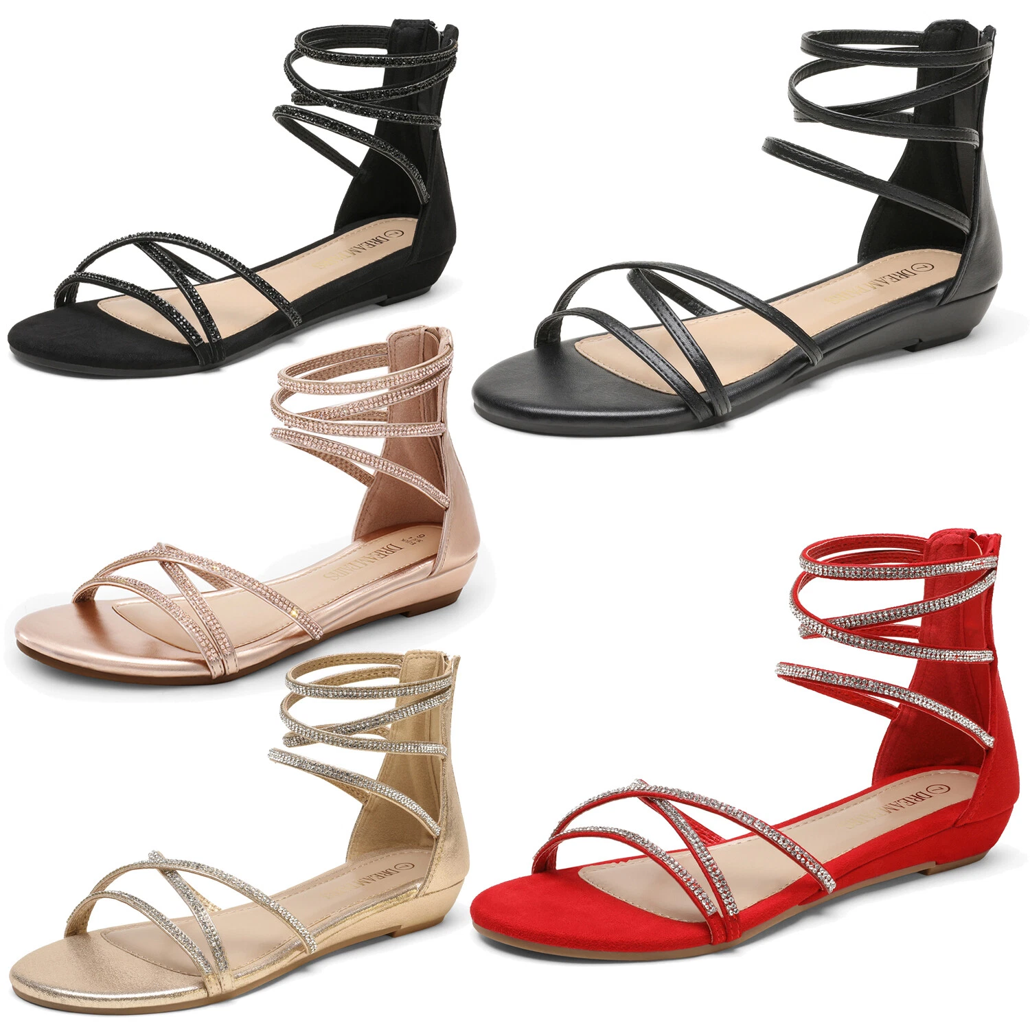 Women Chic Rhinestones Ankle Straps Flat Sandals Back Zipper Summer Sandals